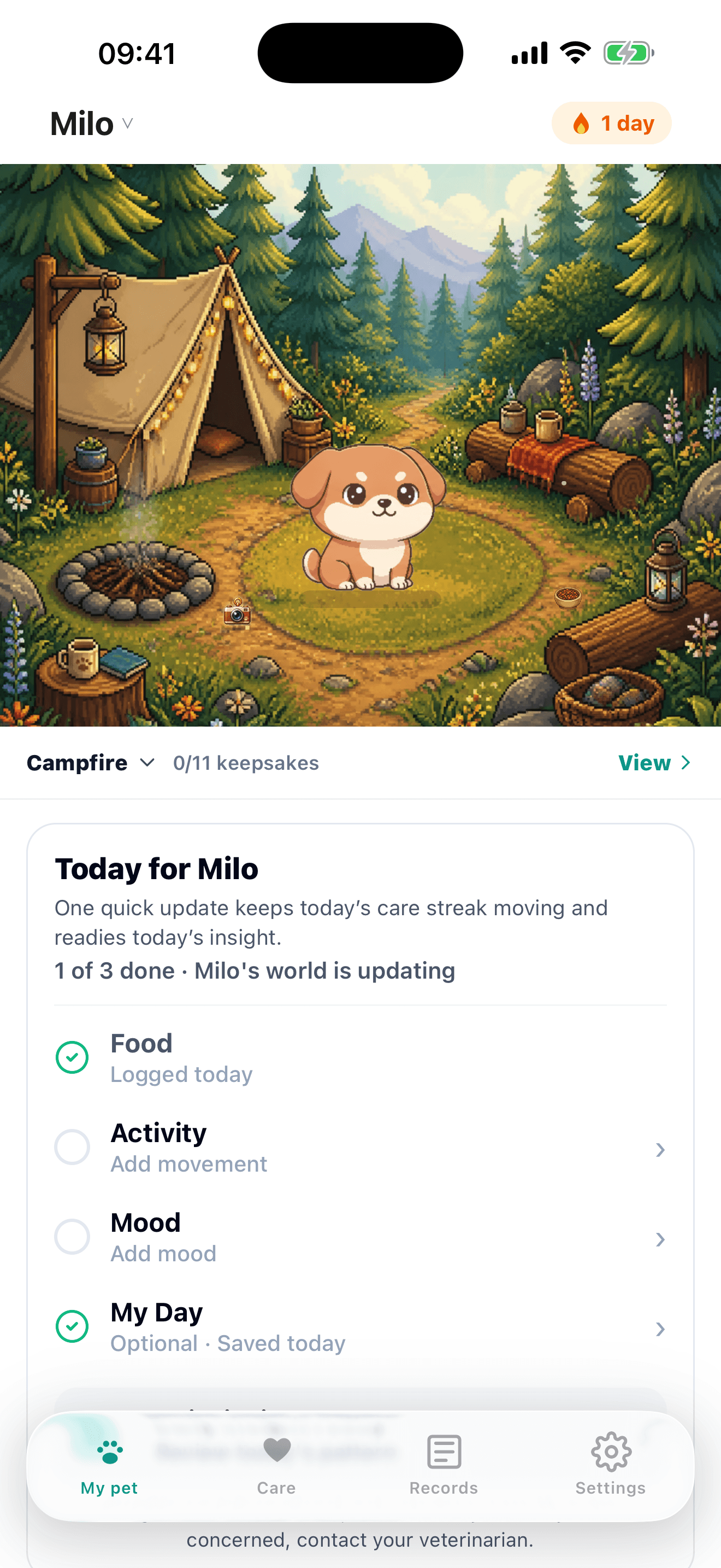 Milo’s companion in Campfire alongside today’s care check-ins in the PetLife app.