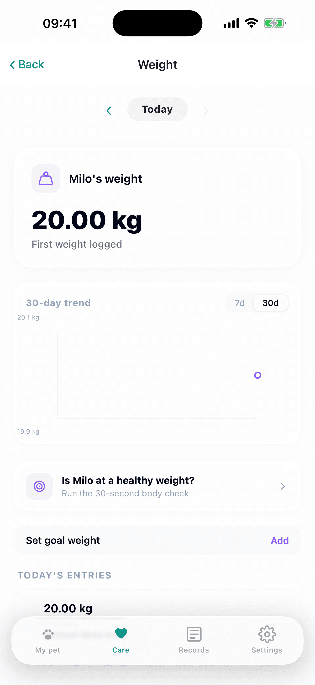 PetLife’s free weight tracking, showing fictional demo dog Milo’s first 20 kg weigh-in.