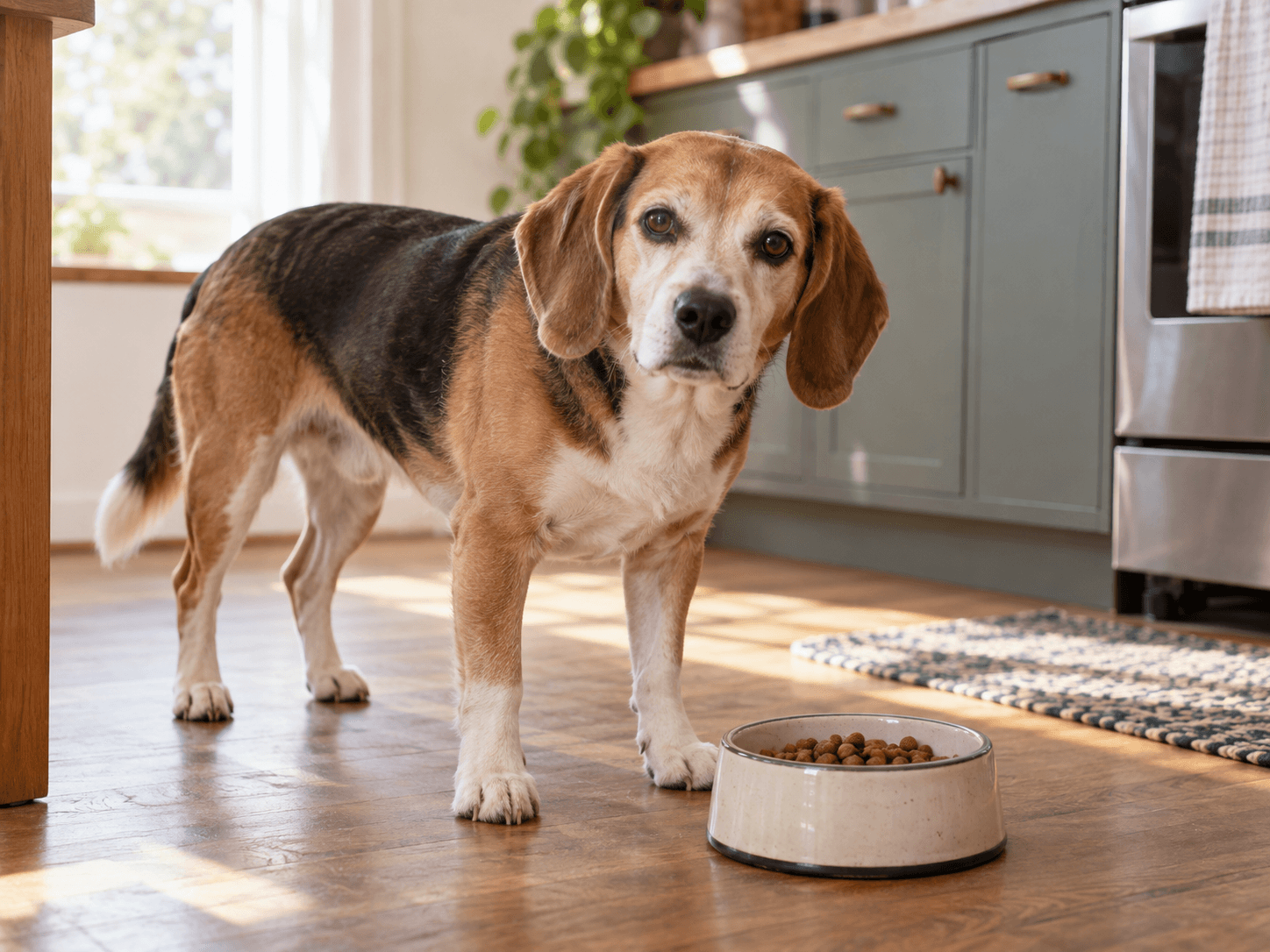 AI illustration of a beagle mix beside a breakfast bowl in a home kitchen.