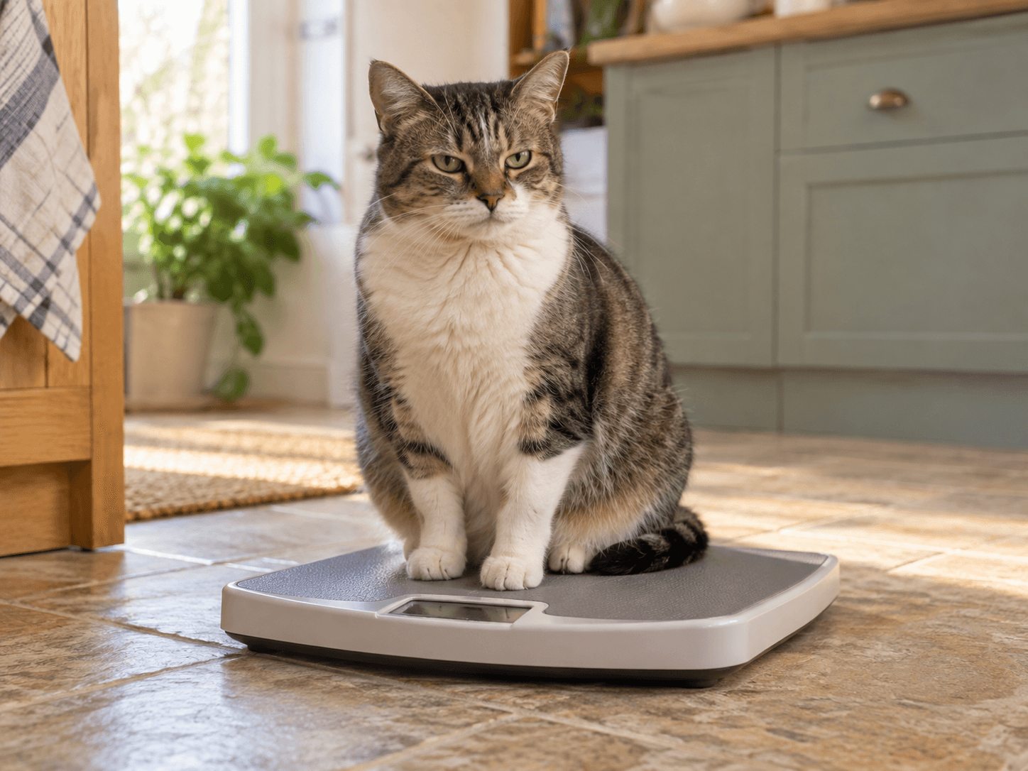 AI illustration of a domestic shorthair cat looking unimpressed while sitting on a household scale.